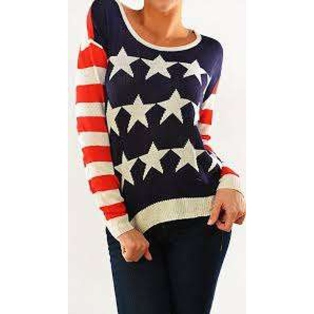 Classic American Flag Stars Stripes Knit Sweater SMALL Patriotic Red White Blue